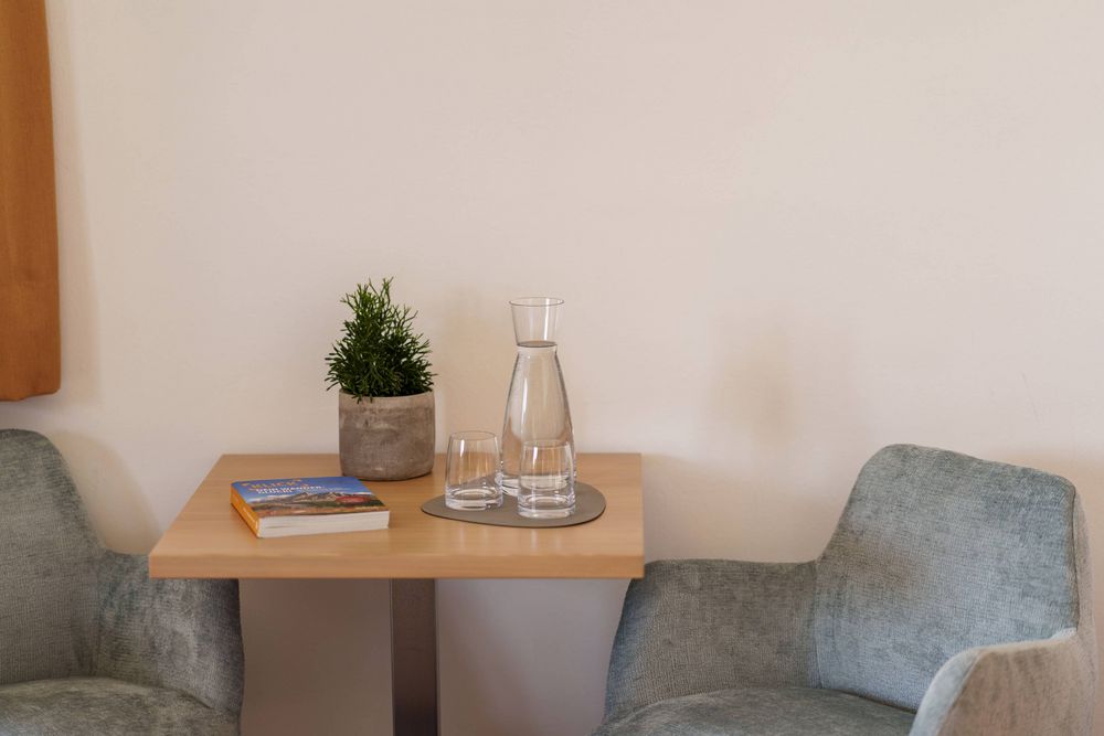 Small table with a plant, a book, a water carafe and a glass, flanked by two gray armchairs.