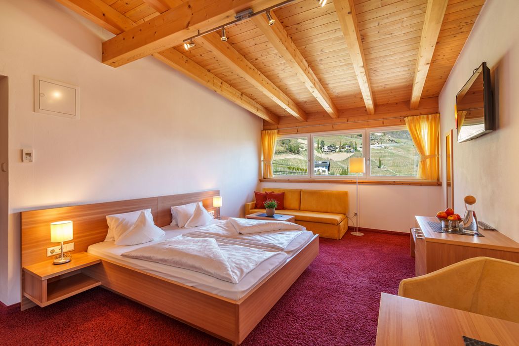 Gemütliches Hotelzimmer mit Holzbalkendecke, Doppelbett, rotem Teppich und gelbem Sofa vor Fensterblick auf Weinberge.
