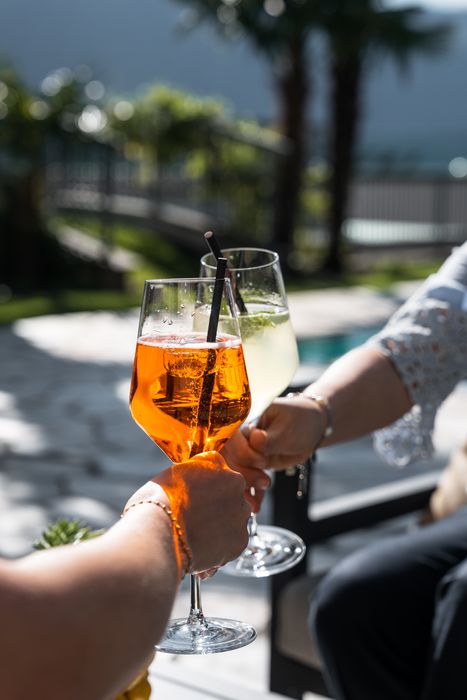 Zwei Personen stoßen mit Sommercocktails in Weingläsern an, im Hintergrund unscharfe Außenanlage mit Palmen.