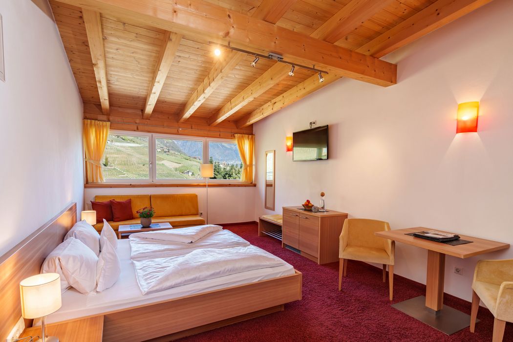 Gemütliches Hotelzimmer mit Holzdecke, Doppelbett, gelbem Sofa, TV an der Wand und großem Fenster mit Bergblick